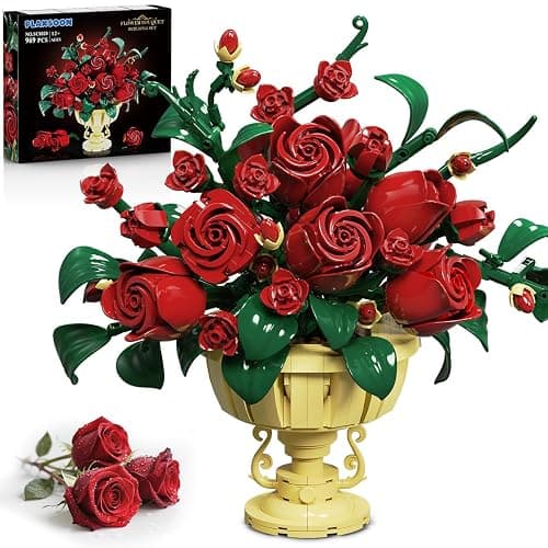 PLAXSOON Rose Flower Building Set, Mothers Day Botanicals Flowers Bouquet Building Block Kit with Pot, Artificial Bonsai Plant Collection Office Home Decor, Gift for Adults Women Boys Girls 12+ - Image 1