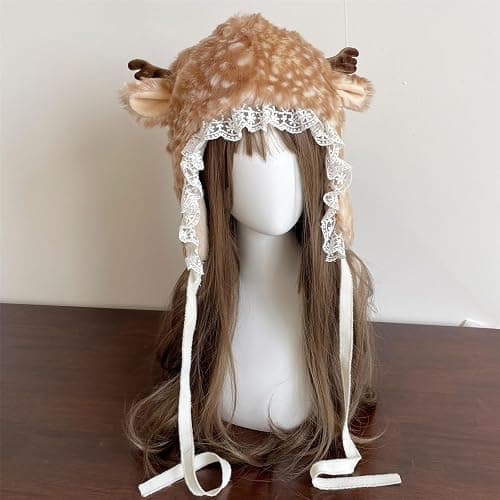 MOAIYU Cartoon Head Wrap Furry Deer Soft Thicken Leg Warmer for Women Outdoor Wear Lace Brim Holiday Party Photo Props thumbnail 2