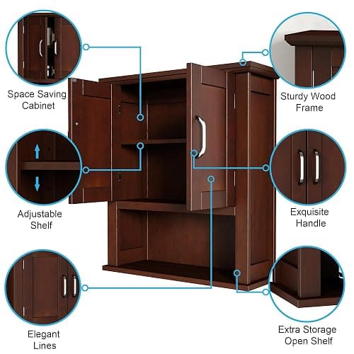 ChooChoo Wood Wall Cabinet with Doors, Medicine Cabinet with Adjustable Shelves Over The Toilet, Rustic Cabinet Wall Mounted for Bathroom, Kitchen, Living Room, Dark Cherry thumbnail 4