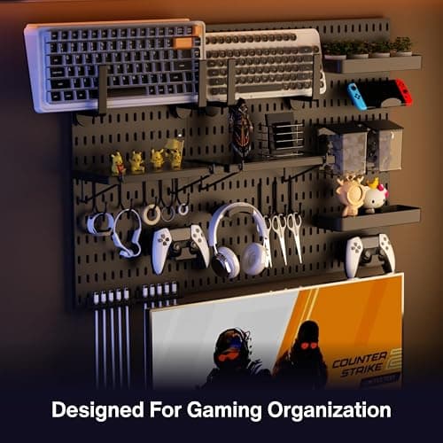 Keepo Peg Board Wall Organizer for Gaming Setup, Pegboard with Adhesives & Screw Mounts, Includes Peg Board Accessories for Gaming Accessories, Tech Storage & Office Organization (Black, 33″×22″) thumbnail 2