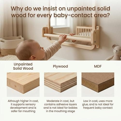 Woodtoe Montessori Mirror with Bar, Adjustable Baby Pull to Stand Toys, Natural Unpainted Solid Wood Frame & Baby Pull Up Bar, Infant Coordination Toddler Mirror, Developmental Toys for 6-18 Months thumbnail 5