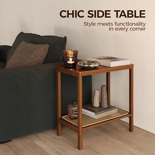 Rattan Side Table Mid Century Modern End Table Living Room 2-Tier End Table with Rattan Storage Shelves for Small Space Night Stand Narrow Coffee Table Boho Bamboo Small Bedside Table thumbnail 5
