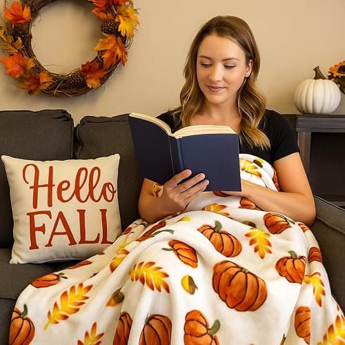 Home Decor Farmhouse Fall Fleece Throw Blanket: Harvest Pumpkins Leaves and Wheat on Velvet Fleece, Oversized Measures 70" inches x 50" inches | Oversized, Fall, Harvest, Home Decor thumbnail 2