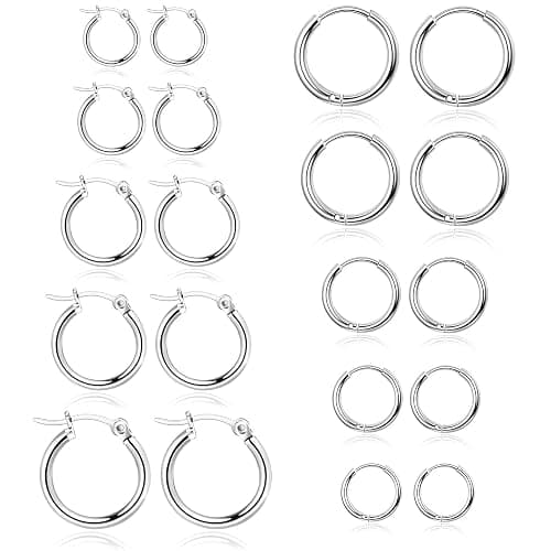 10 Pairs Silver Hoop Earrings Set for Women Surgical Steel Hoop Earrings Lightweight Hypoallergenic Tiny Small Hoops For Girls Men （8mm 10mm 12mm 14mm 16mm） - Image 1