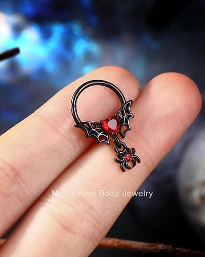 Mooncrush Jewelry Gothic Black Septum Ring 16G Spider Dangle With Red Heart Daith Piercing Jewelry - Stainless Steel thumbnail 6