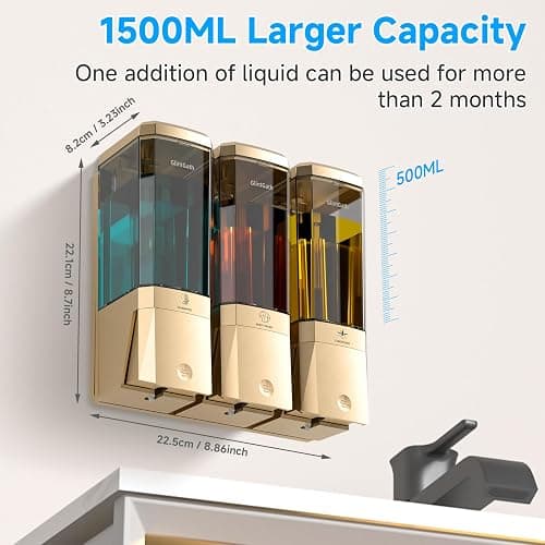 Shampoo and Conditioner Dispenser,Shower Dispenser 3 Chamber No Drill Shampoo Dispenser for Shower Wall Mounted Shower Soap Dispenser for Bathroom Hotel,Large Capacity 3 * 500ML,Gold thumbnail 2