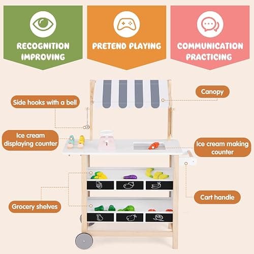 HONEY JOY Kids Ice Cream Cart, Wooden Grocery Store Playset w/6 Pieces Play Food, Realistic Bell & Food Scale, Chalkboard, Pretend Play Dessert Shop Counter Stand Truck, Gift for Boys Girls thumbnail 6