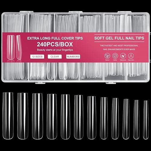 AORAEM Extra Long Square Full Cover Nail Tips 240PCS XXXL Clear Full Cover Fake Nails False Nails 12 Sizes Tapered Square Press on Fake Nail Tips for Acrylic Nails Salons Home DIY with Box - Image 1