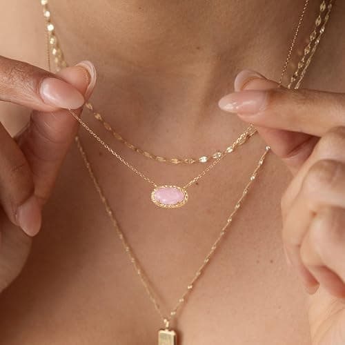 TLY Gold Necklace for Women Non Tarnish 14k Gold Plated Dainty Preppy Pendant Necklace Oval Gemstone Crystal Druzy Stone Rose Quartz Choker Necklace Birthday Wedding Everday Birthstone Jewelry Gifts for Mom thumbnail 8