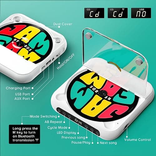 Portable CD Player with Bluetooth, Rechargeable CD Player for Home/Car, Built-in HiFi Speakers, Headphones, LCD Screen, Supports CD/AUX/USB and Repeat Modes, White thumbnail 8