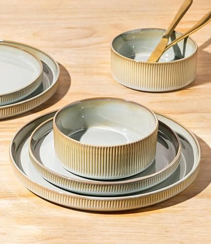 LERATIO Dinnerware sets for 4,12 Piece Stoneware Plates and Bowls sets | Handmade Reactive Glaze Dish Set,Lightweight & Scratch Resistant,Oven & Microwave & Dishwasher Safe-Pale Sage thumbnail 4