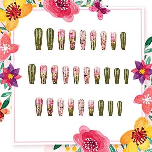 TBRZTR Flower Press on Nails Long Length Full Cover Glossy Green Stick on Nail Floral Pearl Design Ballet Shaped Gradient False Nails Reusable Artifical Acrylic Press Ons Glue on Nail for Women 24Pcs thumbnail 3