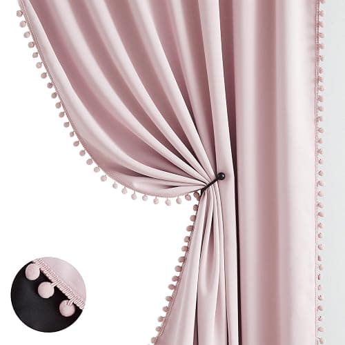 Pom-pom Pink Blackout Curtains for Bedroom 63inch Length Energy Efficient 100% Full Blackout Window Panels for Baby Girls Nursery Living Room Adorable Rod Pocket Drapes 2pcs 52"w Rod Pocket thumbnail 8