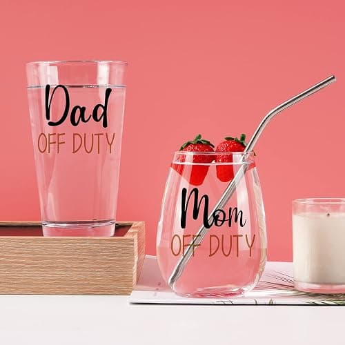 Futtumy Dad and Mom Gift Set, Dad & Mom off Duty Beer Glass and Stemless Wine Glass Combo for Daddy Mom New Parents, Funny Gift for Father’s Day Mother’s Day Christmas Birthday Daily Use Baby Shower thumbnail 5