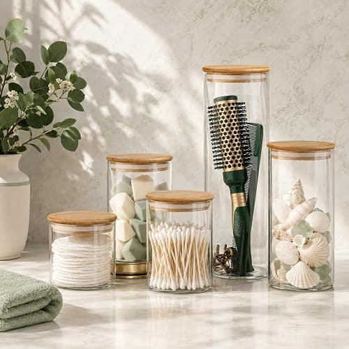 Set of 5 Glass Kitchen Canisters with Airtight Bamboo Lid - Glass Storage Jars for Pantry Organization and Bathroom for Flour, Coffee, Cookie Jar, Candy, Snack, Pasta, Rice, Sugar Packet Holder thumbnail 5