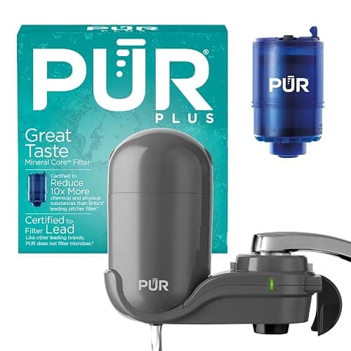 PUR Plus Vertical Faucet Mount Water Filtration System, Lead-Reducing Water Filter For Sink Faucet, Easy Install, 100 Gallons, Compatible with Sinks with External Aerators, Grey - Image 1