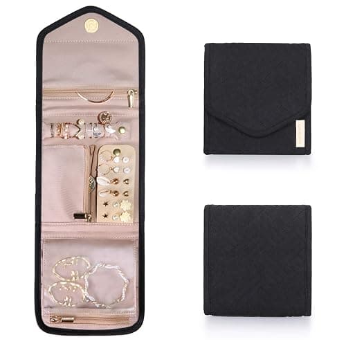 BAGSMART Travel Jewelry Organizer Case Foldable Jewelry Roll for Journey Rings, Necklaces, Earrings, Bracelets, Mini, Black - Image 1
