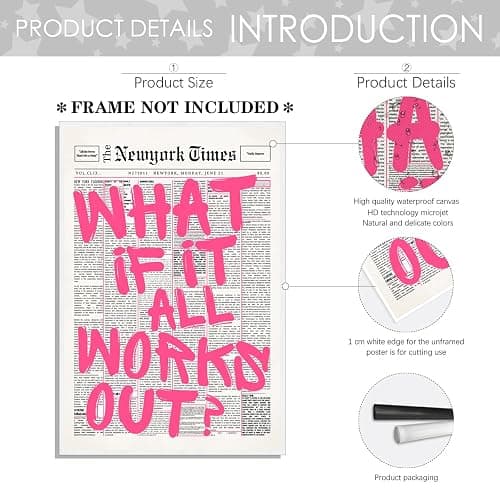 Retro Newspaper Pink Font Canvas Wall Art What If It All Works Out Poster Positive Affirming Quote Minimalist Canvas Prints Painting For Home Bedroom Dorm Wall Decor 12x16in Unframed thumbnail 2