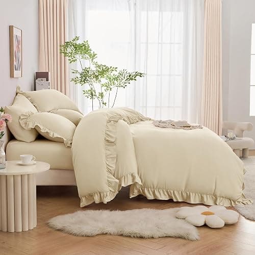 Horbaunal 5 Pcs Cream Ruffle Duvet Cover Full Size Soft Microfiber Shabby Chic Ruffled Duvet Cover Set, Vintage French Country Ruffle Bedding Set with Zipper Closure & Corner Ties, 80" x 90" thumbnail 2