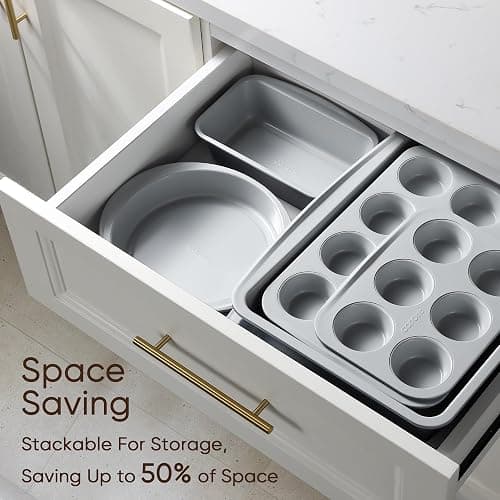 CAROTE 7-Piece Nonstick Stackable Baking Pans Set - Bakeware Sets Including Cookie Sheets for Baking, Muffin Pan, Bread Pan, Cake pan, Loaf Pan, Roasting Pan, Gray & Blue thumbnail 7
