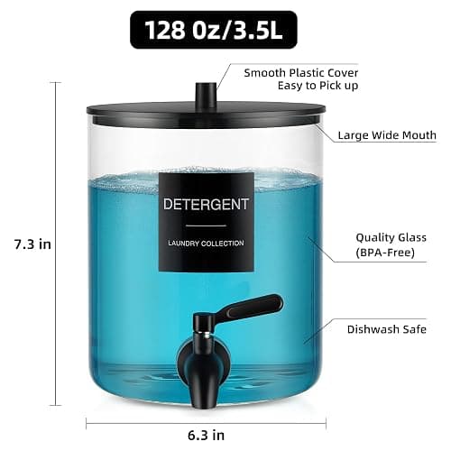 Glass Laundry Detergent Dispenser, 128 oz / 3.5L Fabric Softener Dispenser for Laundry Room Organization, Detergent Holder with 304 Spigot, Glass Soap Container (Black) thumbnail 3
