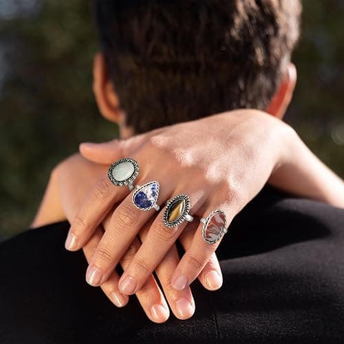 SAJTOX Handcrafted 10 Pcs Stackable Silver Plated Gemstone Rings for Women (US 5 to 12 Size) Vintage Boho Chunky Finger Statement Rings Set Birthday Gift for Women (Classy, Aesthetic & Comfortable) thumbnail 5