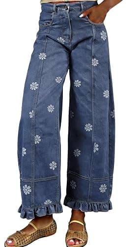 utcoco Barrel Jeans Women 2026 Floral Print Wide Leg Jeans Y2k Patchwork Baggy Boyfriend Denim Pants - Image 1