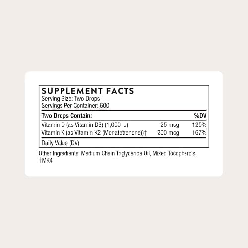 Thorne Vitamin D + K2 Liquid with a Metered Dispenser, 600 Servings | Vitamins D3 & K2 (MK-4) Supplement, Supports Bone Health, Healthy Immune Function & Heart Health*, NSF Contents Certified thumbnail 2