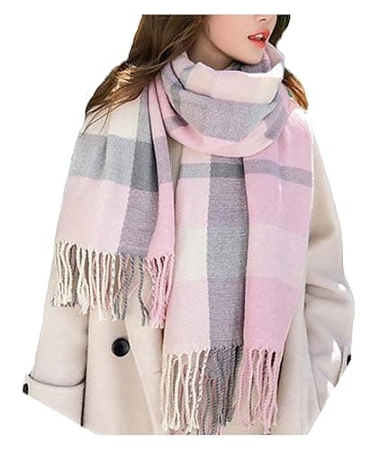 Wander Agio Women's Fashion Scarves Long Shawl Winter Thick Warm Knit Large Plaid Scarf - Pink Grey