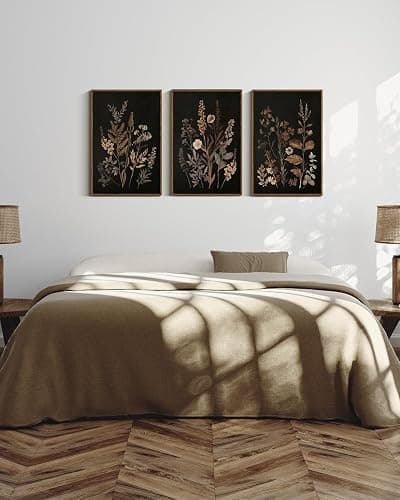 VIYYIEA Large Framed Canvas Wall Art, 3 Pcs,16x24inch, Botanical Floral Black Decor for Living Dining Room Above of Bed, Vintage Rustic Boho Dark Moody Decor, Set of 3 thumbnail 3