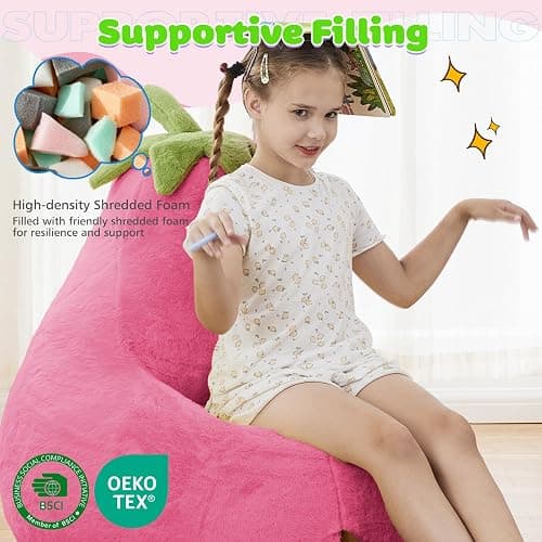 DUMOS Kids Bean Bag Chair, Stuffed Toddler Couch with Faux Rabbit Fur Cover for Teens & Kids, Comfy Lazy Sofa Chair for Reader, Living Room, Bedroom, Aged 4-12 Years, 31 Inch, Rose Red thumbnail 4