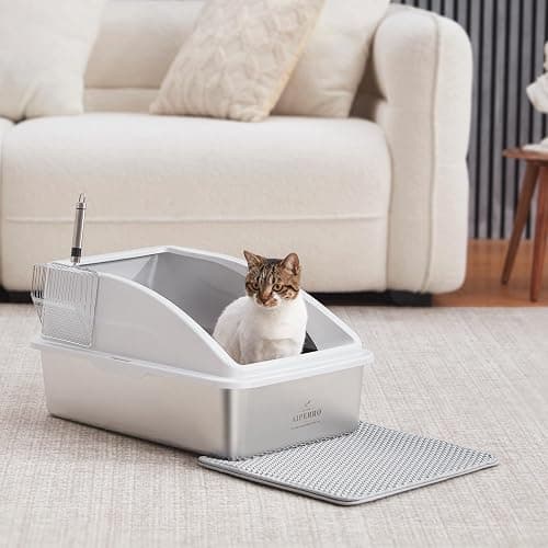 Stainless Steel Litter Box | XL Enclosed Cat Litter Boxes with Lid for Big Cats | High Sided, Anti-Urine Leakage | Non-Stick Bottom & Includes Litter Mat & Metal Scoop thumbnail 9