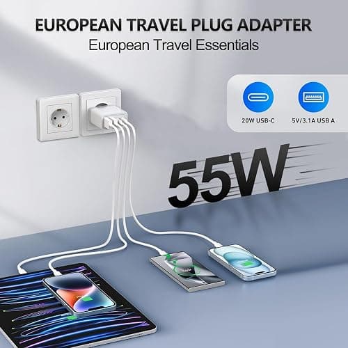 European Travel Plug Adapter USB C, 55W USB C European Charger 4-Port Fast Charger Type C Wall Charger USA to Europe Plug Adapter for iPhone 17 16 15 14 13 12 11 Pro Max X 8, Galaxy, Android thumbnail 2