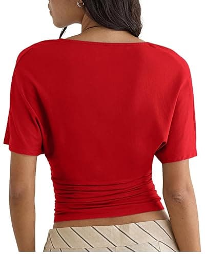 FOXDATE Women's Deep V-Neck Top Ruched Waist Slim Fit T-Shirt Elegant Casual Going Out Crop Tops thumbnail 4
