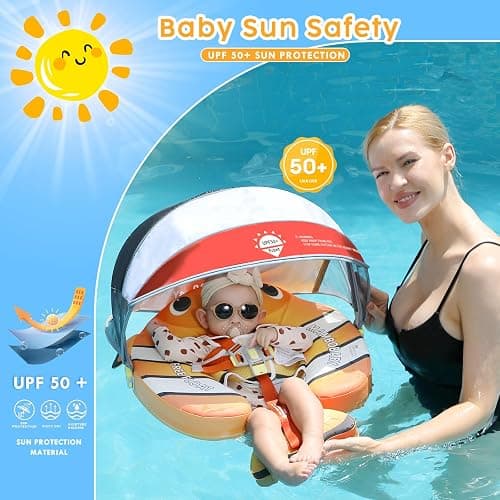 Mambobaby Baby Pool Float with Canopy, Non-Inflatable Infant Baby Swim Float Trainer with Safe Seat & Tail Support for Toddler, Mambo Baby Float Solid UPF 50+ Sun Protection thumbnail 3