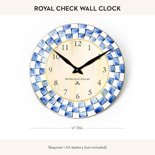 MACKENZIE-CHILDS Wall Clock, Decorative Clock for Kitchen and Living Room, Blue-and-White Royal Check thumbnail 4