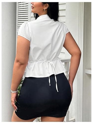 SOLY HUX Women's Plus Size Button Up Fitted Blouse Collared Y2k Shirts | Short Sleeve, Tie Back Tops thumbnail 2