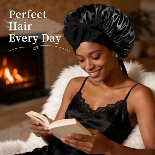 Silk Bonnet Satin Bonnet for Sleeping Large Bonnets with Tie Band Hair Wrap with Adjustable Straps Hair Cap for Women Curly Black thumbnail 3