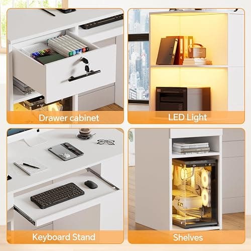 Modern Reception Desk with LED Light and Open Shelves, Front Desk with Lockable Drawers & Keyboard Tray,Reception Counter Table with Storage for Checkout, Office, Lobby, Nail Salon Spa (C.White) thumbnail 6