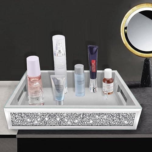Wocred Mirror Perfume Tray fits Dresser Bedroom,Crushed Diamond Bathroom Tray with Handles，Vanity Tray,Decorative Serving Tray for Coffee Table Decor(14”x 10”x 3”) thumbnail 6