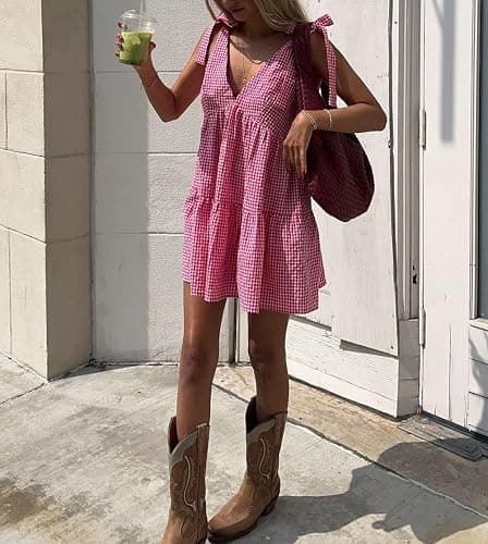 Women Y2K Tie Shoulder Mini Dress Bow Ruffle Flowy Babydoll Dress Floral Boho Sundress Summer Going Out Dress - Three Gingham Red - Large thumbnail 6