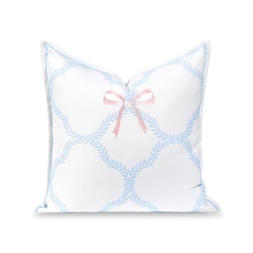 Hofdeco Premium Coastal Grandmillennial Patio Indoor Outdoor Throw Pillow Cover Only, 20"x20" Water Repellent for Backyard, Couch, Poolside, Baby Blue Pink Embroidered Ribbon Bow Tie on Leaves - Image 1