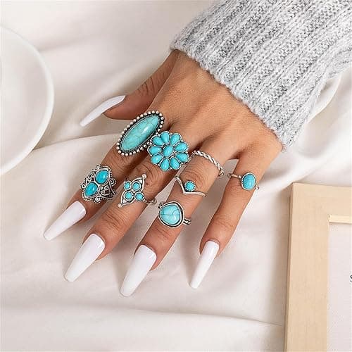 Bohemian Turquoise Ring Set for Women,Vintage Western Rings Chunky Turquoise Opal Stackable Knuckle Ring Set Punk Midi Finger Ring Pack Boho thumbnail 2
