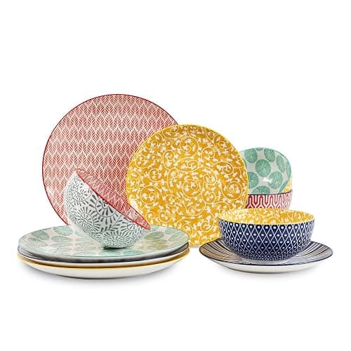 Selamica Ceramic Dinnerware Sets, 12-Pieces Plates and Bowls Sets, Scratch Resistant Dishes set for 4, Dishwasher & Microwave Safe, Assorted Colors - Image 1