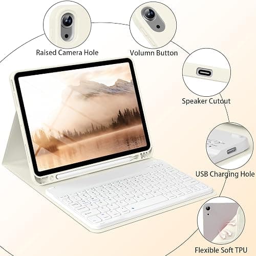 BQDIYOO Case for iPad Air 7th/6th 11-inch M3/M2 (2025/2024) & 10.9 inch Air 5th 4th Gen with Keyboard 2022 2020, Detachable Wireless Keyboard Cover with Pencil Holder, Auto Sleep/Wake, Cream White thumbnail 7