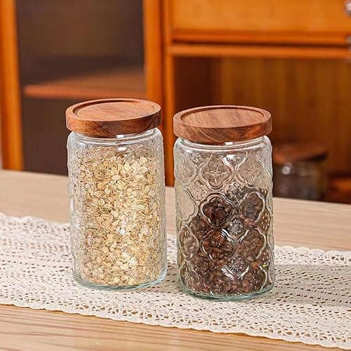 Livejun Vintage Glass Coffee Food Storage Jars with Acacia Lids Airtight Storage Coffee Containers Design Canisters set Kitchen Wide Mouth Glass Jars for Cookies,Tea,Sugar 1000ml (33.8OZ) Set of 3 thumbnail 7