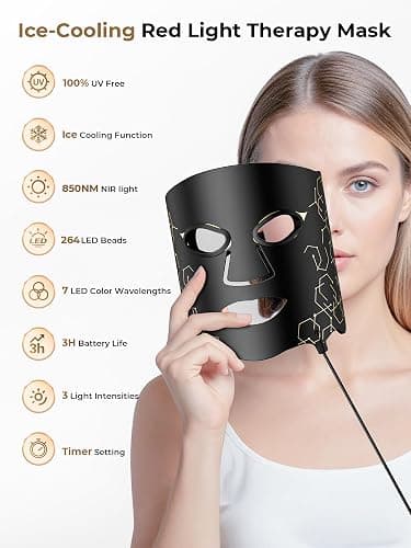 Aurphany Red Light Therapy Mask with Cooling Gel Pack, 7-Color NIR 850nm LED Face Mask, LED Light Therapy Mask (E106A) with Rechargeable Remote - 180 Mins Use, Red Light Mask Home Travel Gift, Black thumbnail 3
