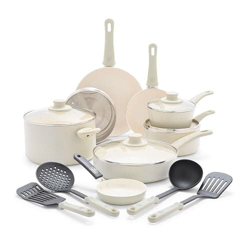 GreenLife Soft Grip 16 Piece Cookware Set, Non-Toxic PFAS-Free Ceramic Nonstick, Frying, Sauce, Saute, Utensils, Glass Lids, Stay-Cool Handles, Wobble Free, Dishwasher & Oven Safe, Cream - Image 1