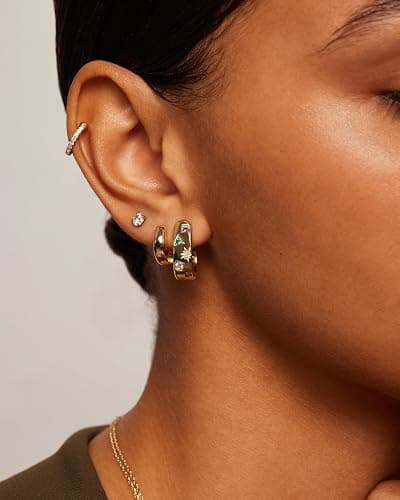 PAVOI 14K Gold Plated 925 Sterling Silver Posts Chunky Huggie Earrings for Women | Multi-Colored Cubic Zirconia Statement Hoop Earrings thumbnail 2