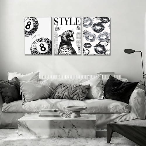 3Pcs Trendy Black and White Leopard Canvas Wall Art Fashion Lucky 8 Ball Lips Pictures Wall Decor Vintage Newspaper Cheetah Posters Prints for Bedroom Apartment Dorm 12x16in thumbnail 5